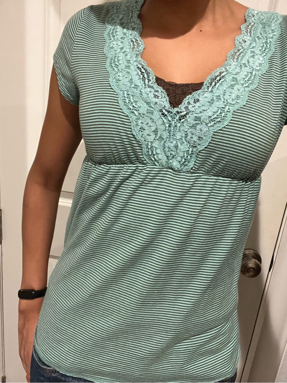 Gilligan & O'Malley Green Striped Lace Trim Babydoll Top - Size Small